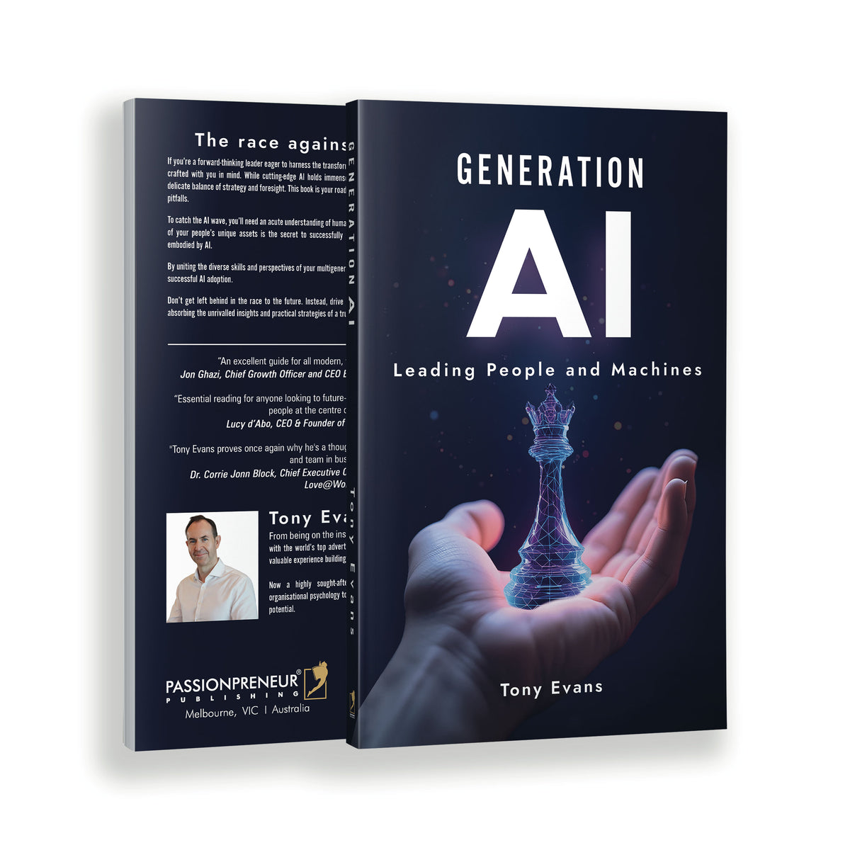 Book titled &#39;Generation AI&#39; by Tony Evans with a hand holding a digital chess piece on a white background
