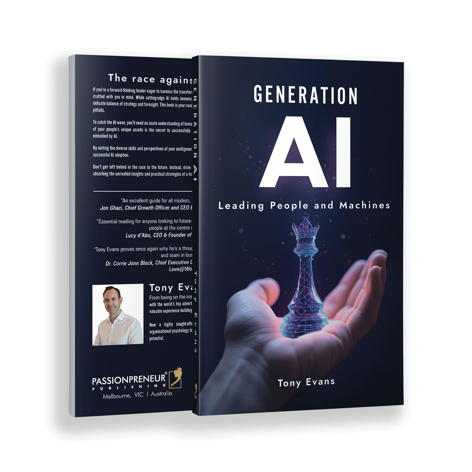 Book cover of 'Generation AI' by Tony Evans with a hand holding a glowing chess piece.